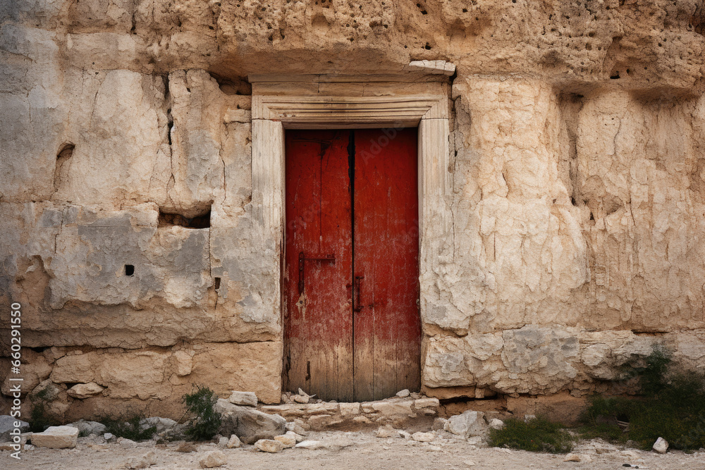 Image of red door in old stone building. This picture can be used to represent architecture, history, or sense of mystery and intrigue. Ideal for website banners, blog posts, or travel brochures.