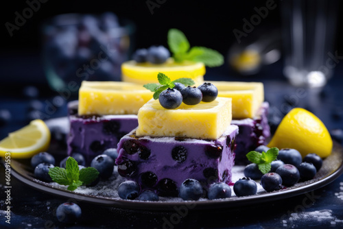 Plate topped with fresh blueberries and slices of zesty lemon. Perfect for adding burst of flavor to your recipes or as refreshing summer snack.
