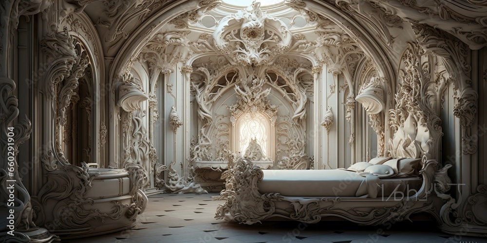 Obraz premium Fantasy baroque style bedroom, enchanted room for snow white, fairies, halloween, mystery, wizards