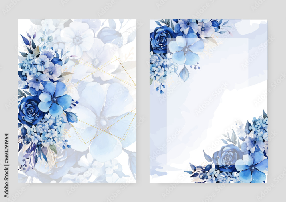 Blue hibiscus modern wedding invitation template with floral and flower