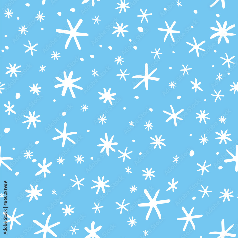 Vector seamless pattern from snowflakes in doodle style. Winter, christmas, new year background and texture. Snowfall, falling snow, blizzard Vector seamless pattern from snowflakes in doodle style. Winter, christmas, new year background and texture. Snowfall, falling snow, blizzard