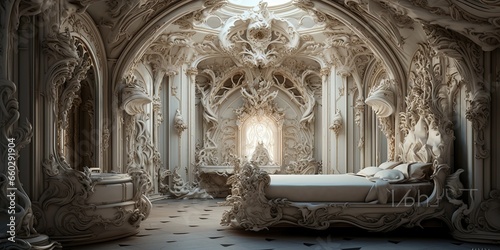 Fantasy baroque style bedroom, enchanted room for snow white, fairies, halloween, mystery, wizards