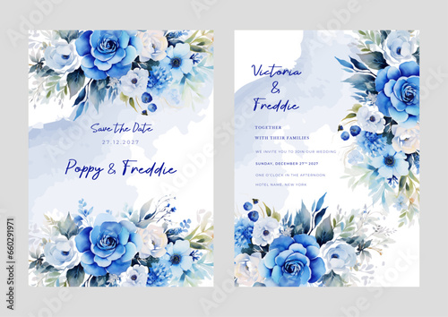 Blue peony and poppy set of wedding invitation template with shapes and flower floral border