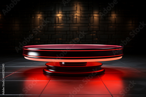 Ai Generated photo red light round podium and black background for mock up realistic image