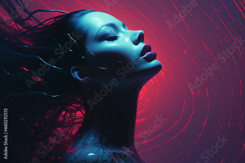 Sci-fi, fantasy, beauty, fashion concept. Sci-fi very beautiful and sexy looking woman close-up portrait. Futuristic style with neon colored light. Model clothing made from plastic. Generative AI