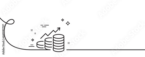 Growth chart line icon. Continuous one line with curl. Coins money sign. Business income symbol. Growth chart single outline ribbon. Loop curve pattern. Vector