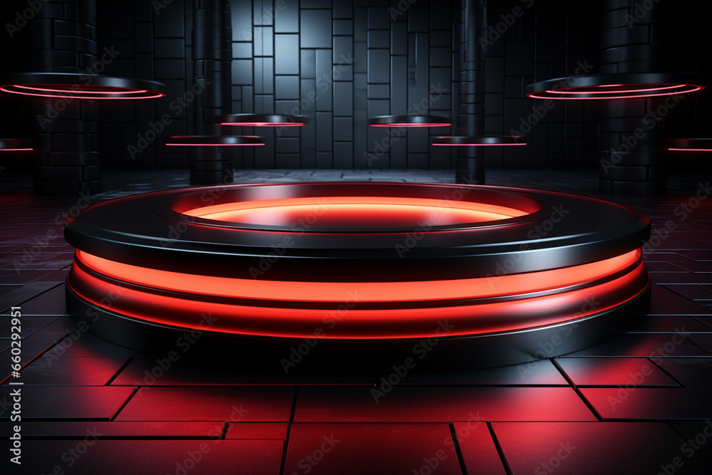 Ai Generated photo red light round podium and black background for mock up realistic image
