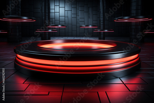 Ai Generated photo red light round podium and black background for mock up realistic image 