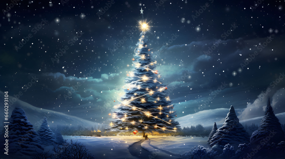 Christmas background with christmas tree, snow and stars. Beautiful christmas night. Merry Christmas and New Year concept.