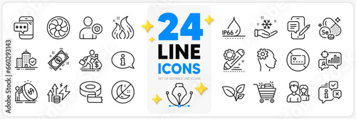 Icons set of Freezing, Information and Phone password line icons pack for app with Insomnia, Info, Project edit thin outline icon. Inflation, Waterproof, Fan engine pictogram. Vector