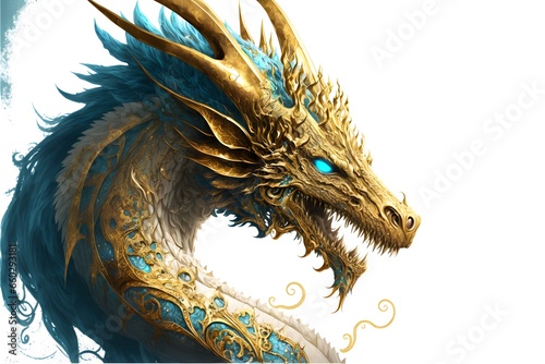 dragon on white background with golden and azzure accents  photo