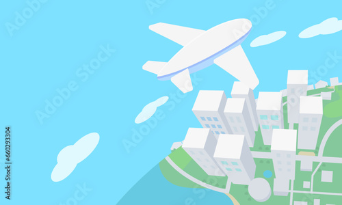街の上空を飛ぶ飛行機のイラスト