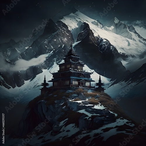 tibetan monestary ontop of highest himalayan mountains beathtaking literally 