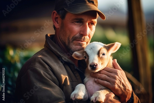 A farmer holds a newborn calf in his arms. Animal husbandry and agriculture. The birth of a calf on a small farm. Cattle breeding. Livestock farming in rural areas.