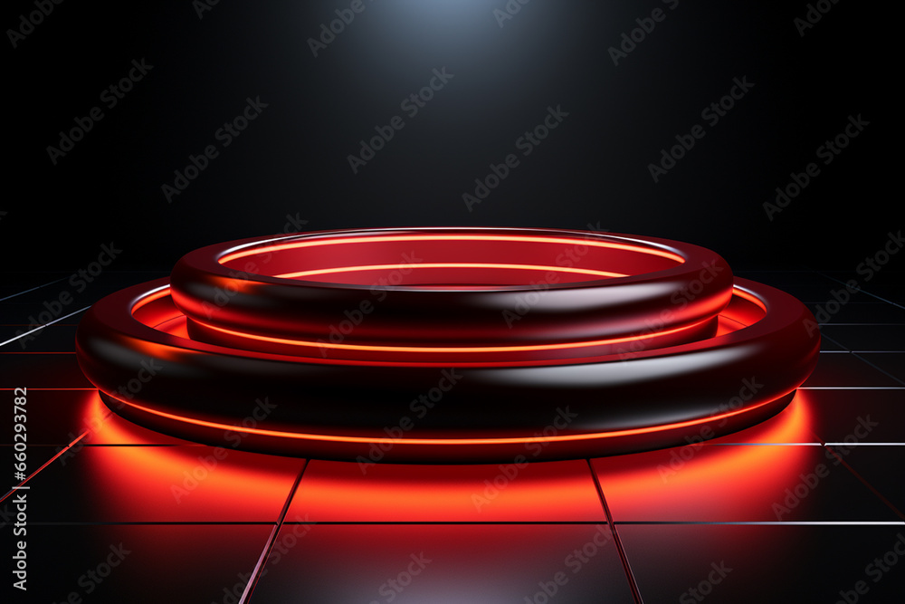 photo red light round podium and black background for mock up realistic image photo red light round podium and black background for mock up realistic image