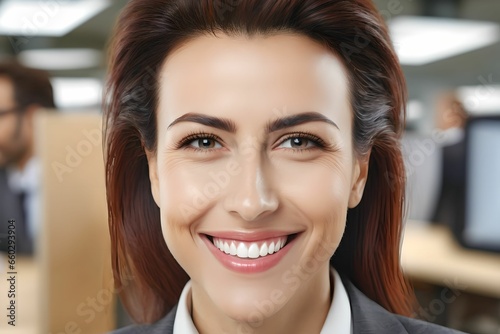 A woman with a confident expression and a bright smile. Office background. Generative AI.