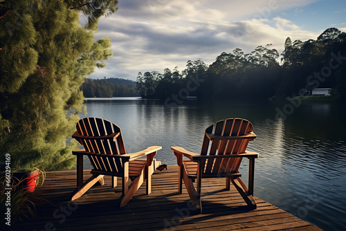 Chairs on a Jetty and a Scenic View of a Lake