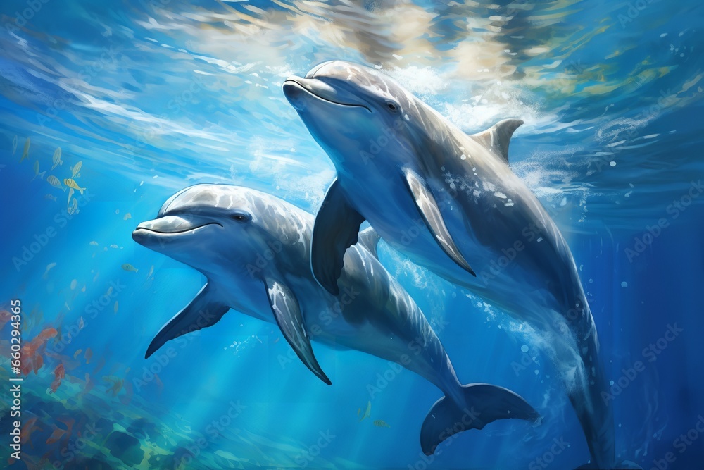 Obraz premium Dolphins swimming underwater of ocean on sunny day