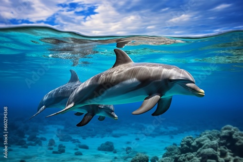 Dolphins swimming underwater of ocean on sunny day