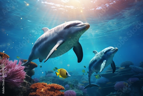 Dolphins swimming underwater of ocean on sunny day