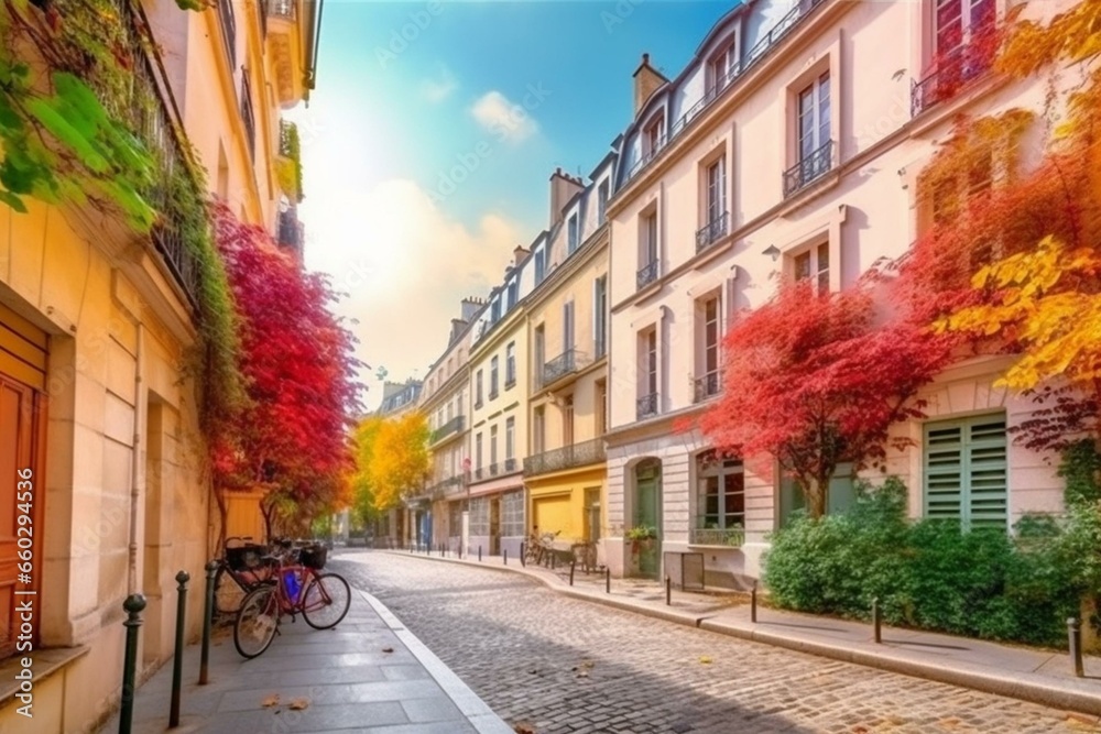 Beautiful residential street in Paris with colorful houses. Generative AI