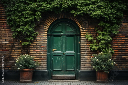 Green Wooden Door With Brown Brick Wall