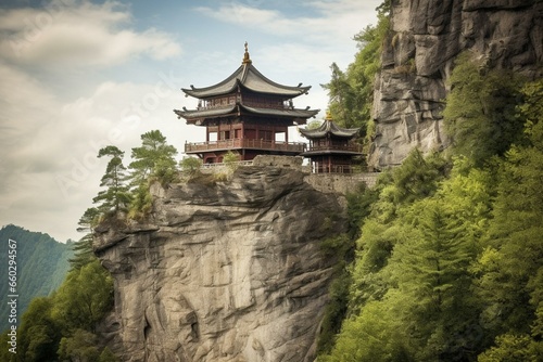 Stunning oriental temple nestled atop a mountain. Generative AI