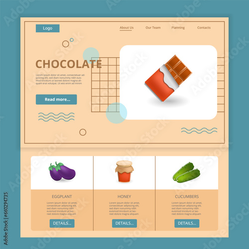Chocolate flat landing page website template. Eggplant, honey, cucumbers. Web banner with header, content and footer. Vector illustration.