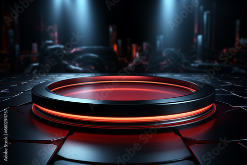 photo red light round podium and black background for mock up realistic image