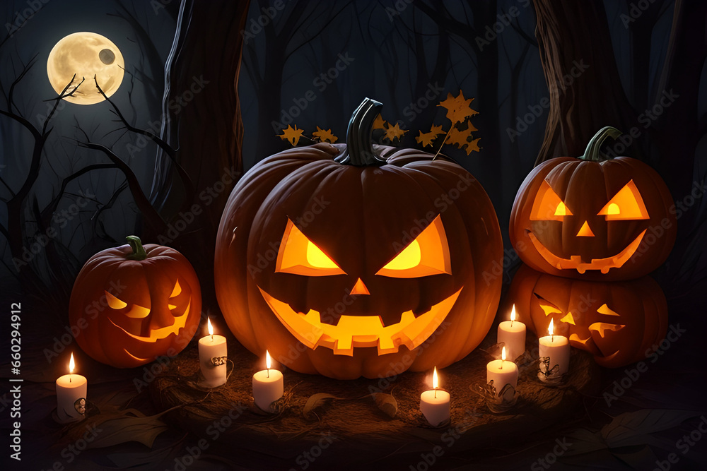 Halloween pumpkin head jack lantern with burning candles, Spooky Forest with a full moon and wooden table, Pumpkins In Graveyard In The Spooky Night - Halloween Backdrop. Ai Generative Halloween pumpkin head jack lantern with burning candles, Spooky Forest with a full moon and wooden table, Pumpkins In Graveyard In The Spooky Night - Halloween Backdrop. Ai Generative