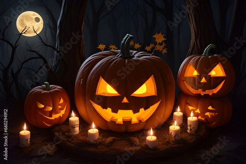 Halloween pumpkin head jack lantern with burning candles  Spooky Forest with a full moon and wooden table  Pumpkins In Graveyard In The Spooky Night - Halloween Backdrop. Ai Generative