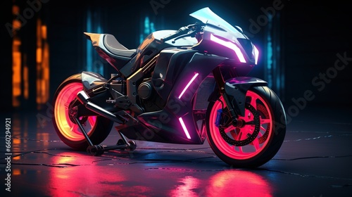 Motorcycle with illuminated neon lights on a dark background. AI generated image