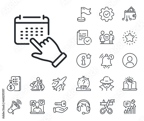 Schedule planner sign. Salaryman, gender equality and alert bell outline icons. Event click line icon. Select calendar month symbol. Event click line sign. Spy or profile placeholder icon. Vector
