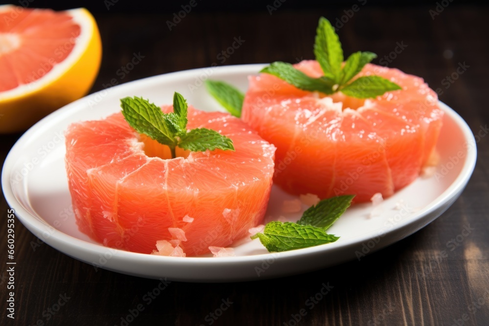 grapefruit halves garnished with mint leaves