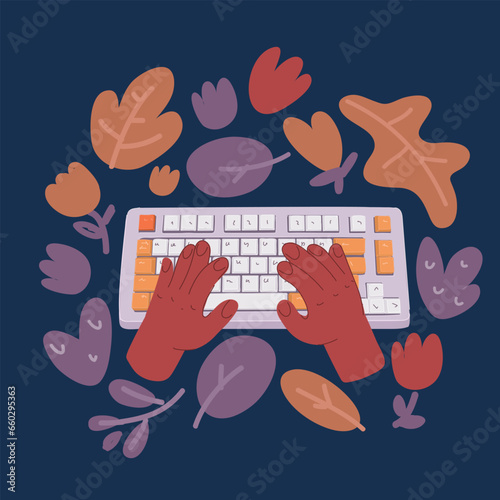 Cartoon vector illustration of Hands typing on computer keyboard Top view with copy space, flat lay.