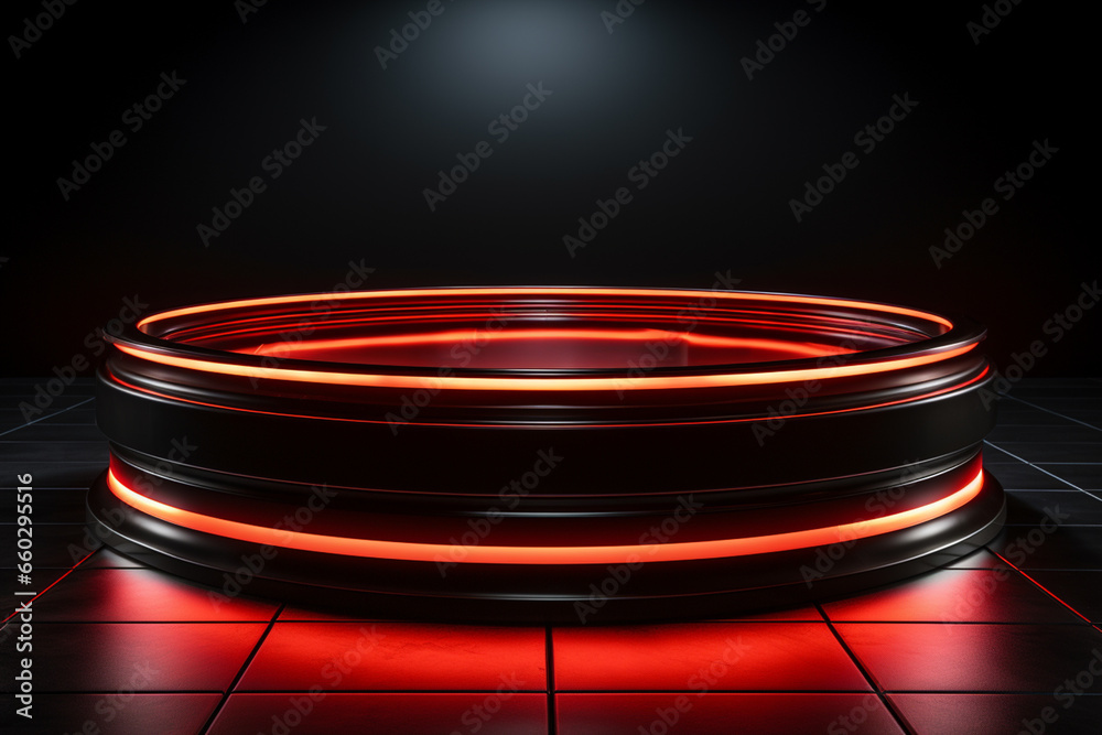 photo red light round podium and black background for mock up realistic image photo red light round podium and black background for mock up realistic image