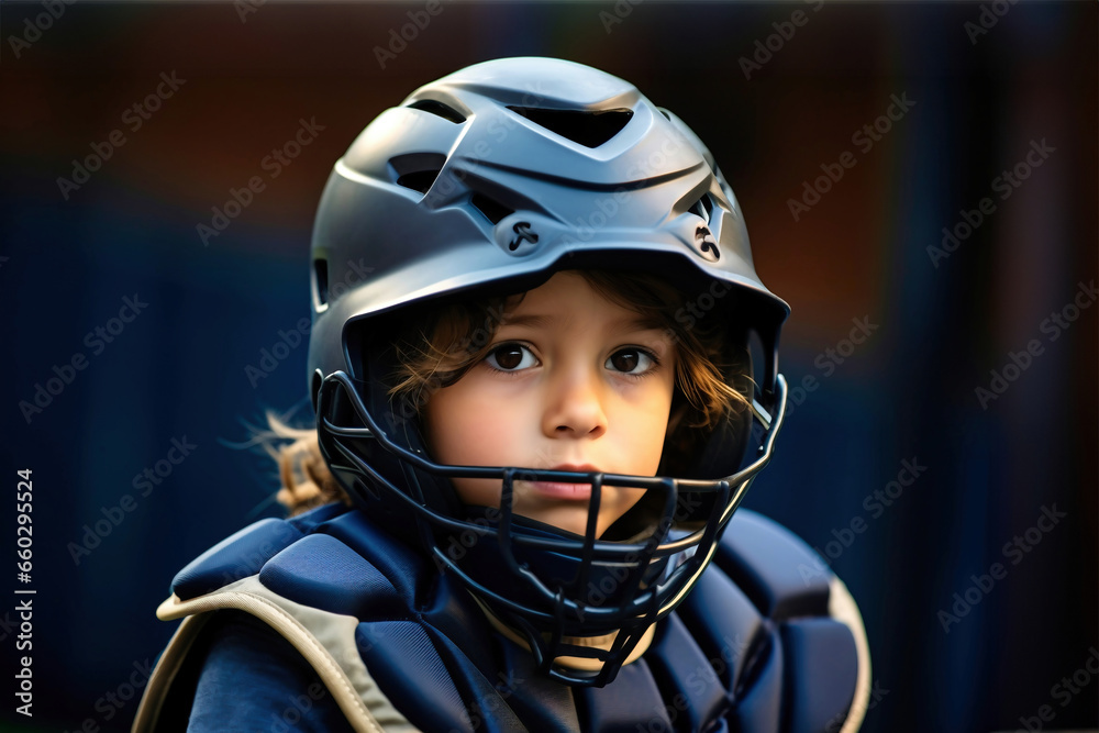 Photo of a child wearing a protective baseball helmet up close Photo of a child wearing a protective baseball helmet up close