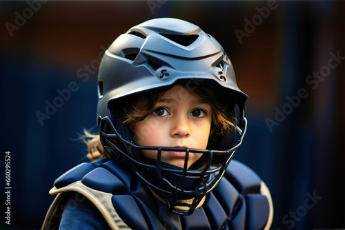 Photo of a child wearing a protective baseball helmet up close