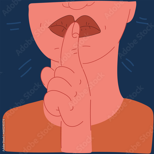Cartoon vector illustration of Please do quite psss Woman lips with finger showing silence sign. Do not disturb can be used for library.