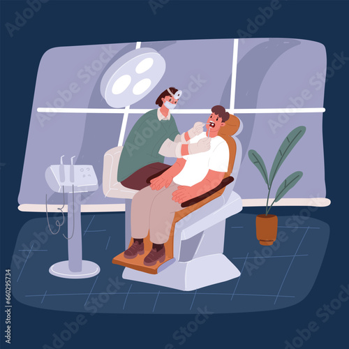 Cartoon vector illustration of man having her teeth checked by dentist during appointment at dental clinic.