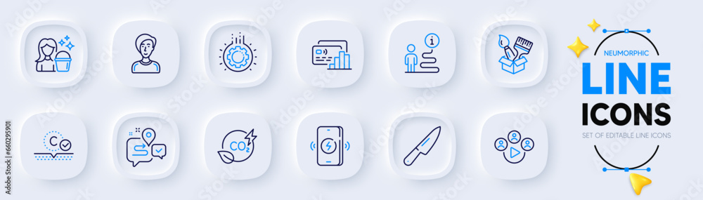 Card, Knife and Brush line icons for web app. Pack of Video conference, Collagen skin, Journey pictogram icons. Support, Businesswoman person, Wireless charging signs. Co2 gas, Gear, Cleaning. Vector Card, Knife and Brush line icons for web app. Pack of Video conference, Collagen skin, Journey pictogram icons. Support, Businesswoman person, Wireless charging signs. Co2 gas, Gear, Cleaning. Vector