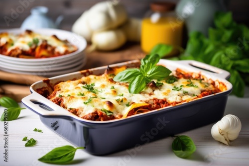 casserole dish filled with freshly baked lasagna