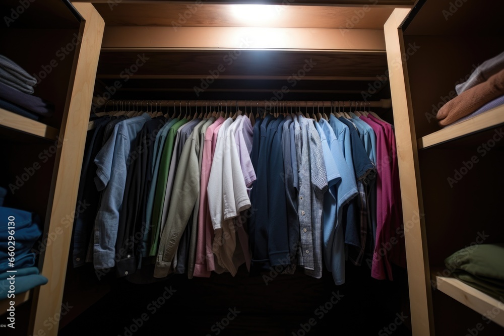 camera shot of a closet with three hanging shirts