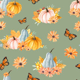 Watercolor autumn seamless pattern with handdrawn orange flowers, fall leaves, pumpkins, butterflies for autumn decoration
