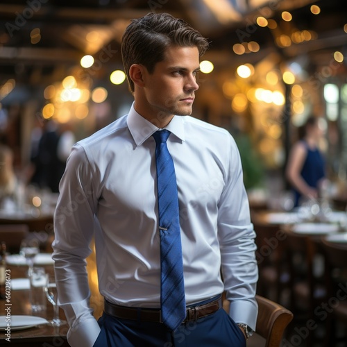 Young adult businessman in formal blazer standing at night in the city.