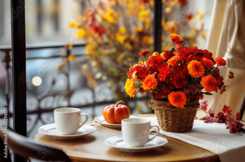 Two cups of tea and bouquet of autumn flowers on table in a small cozy cafe