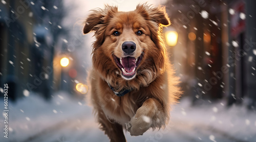 A Dog Running in the Snow with a Big Smile