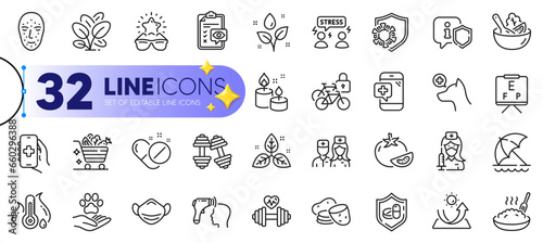 Outline set of Sun protection, Veterinary clinic and Medical mask line icons for web with Medical tablet, Vision board, Potato thin icon. Porridge, Vaccination, Coronavirus pictogram icon. Vector