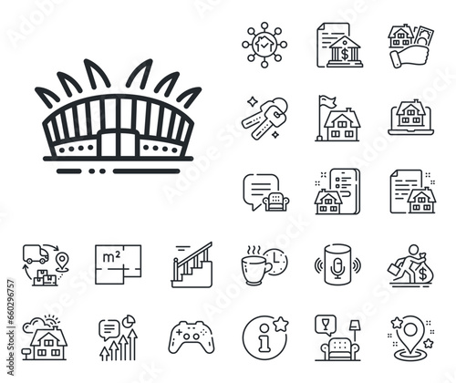 Sport complex sign. Floor plan, stairs and lounge room outline icons. Arena stadium line icon. Championship building symbol. Arena stadium line sign. House mortgage, sell building icon. Vector