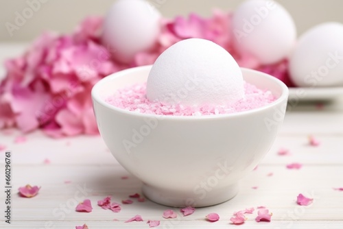 a white ceramic bowl with a pink bath bomb fizzing